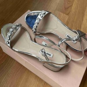 New in Box Miu Miu Silver Low Heel Sandals with Crystals